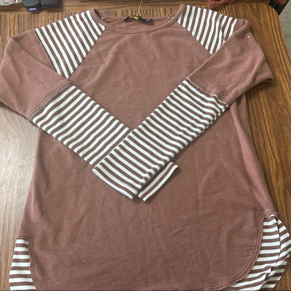 Doe & Rae Brown and White Striped Long Sleeve Top